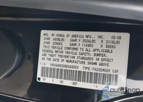 2008 Acura Tl 3.2 из США, поврежденный, VIN 19UUA66208A045053